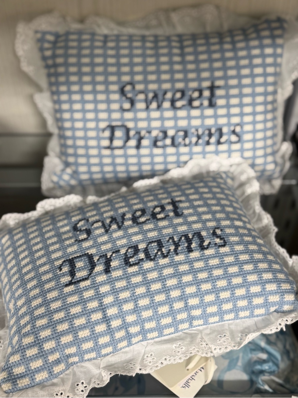 Magaschoni Blue and White Gingham 'Sweet Dreams' Decorative Pillows set 2